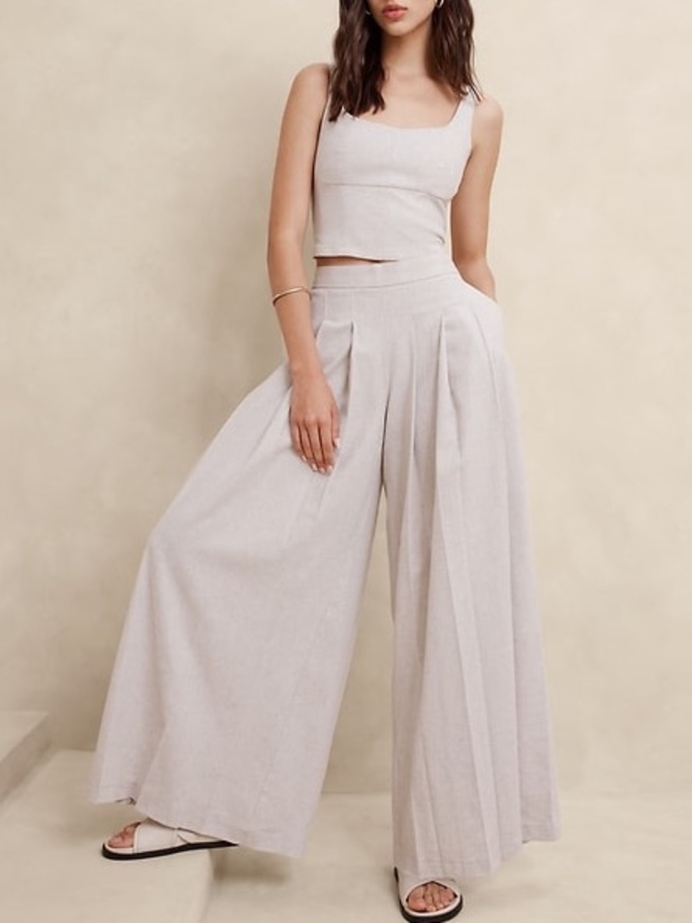 Banana Republic Womens Linen Cotton Set in Light Beige Crop Bustier Palazzo Pant